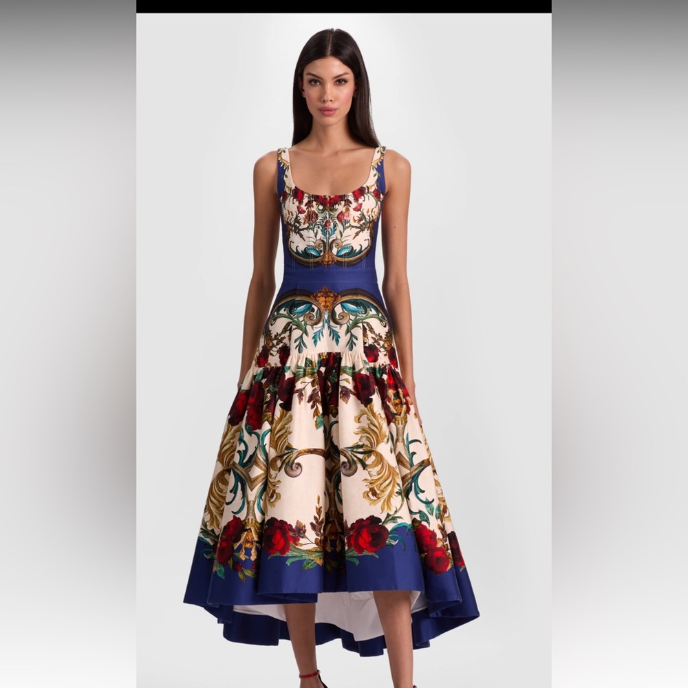 Alice + Olivia Blue and Cream Floral High-Low Fit-and-Flare Dress